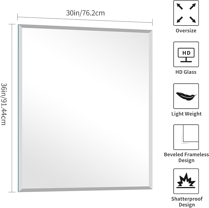 KOCUUY Beveled Mirror, 36x30 Inch Frameless Bathroom Mirror for Over Sink, Upgraded Shatterproof Beveled Unframed Design Mirror for Bathroom, Bedroom, Hang Horizontal/Vertical