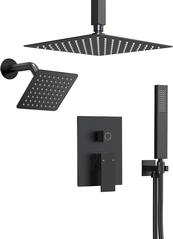 10" High-Pressure Rainfall Shower Faucet, Celling Mount Dual Shower Head System, Matte Black