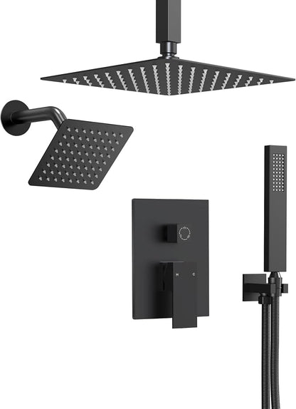 10" High-Pressure Rainfall Shower Faucet, Celling Mount Dual Shower Head System, Matte Black