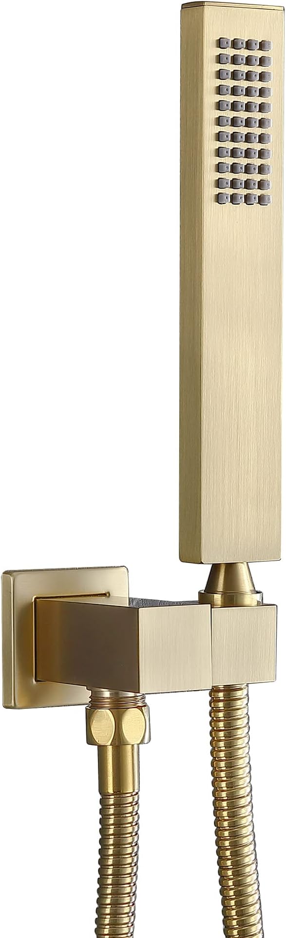ENGA Square Brushed Gold Solid Brass Hand Held Shower Head With Wall Connector and Hose Wall Mount Handheld Showerheads Set