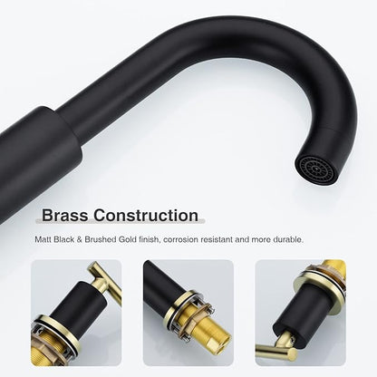 TRUSTMI Brass Bathroom Faucet 2 Handle 8 Inch Widespread Vanity Sink Mixer Faucet with Overflow Pop Up Drain Assembly, Swivel Spout, Matte Black and Brushed Gold