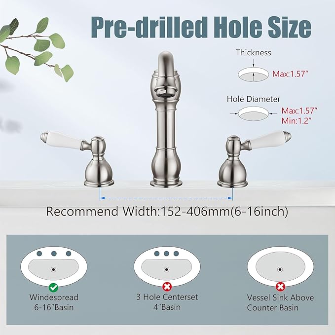 Aolemi 8 Inch Widespread Bathroom Sink Faucet 3 Hole Deck Mount Vanity Basin Mixer Tap with Pop Up Drain Assembly Brushed Nickel Double Ceramic Handle
