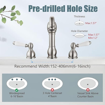 Aolemi 8 Inch Widespread Bathroom Sink Faucet 3 Hole Deck Mount Vanity Basin Mixer Tap with Pop Up Drain Assembly Brushed Nickel Double Ceramic Handle