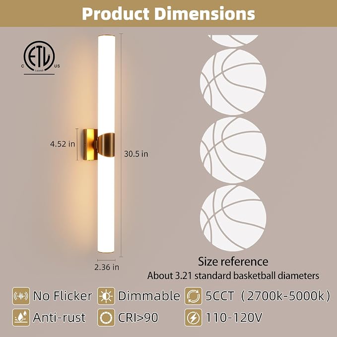 30" Gold Bathroom Vanity Lights, Wall Sconce with Acrylic Shade | Modern Wall Light for Bathroom Bedroom Living Room Hallway
