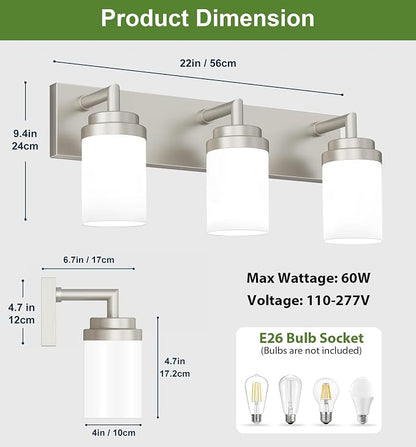 Bathroom Light Fixtures, Brushed Nickel Bathroom Lighting Fixtures Over Mirror, Modern Vanity Light with White Glass Shade, Restroom Lighting Fixtures, 3-Light 22-inch