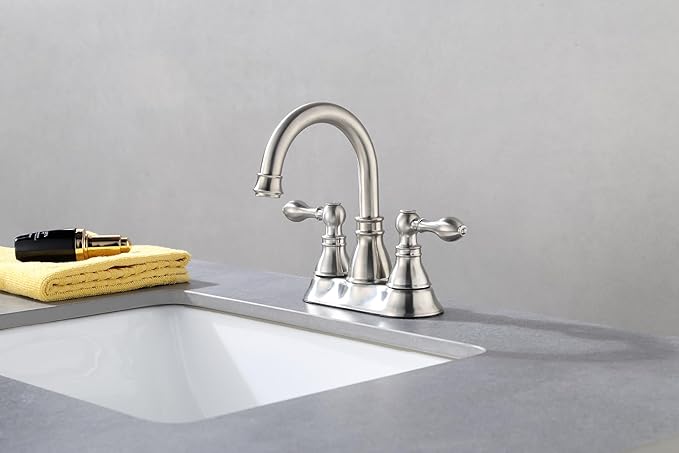 2 Handle Brushed Nickel Bathroom Sink Faucet 3 Hole Faucet with Overflow Pop up Drain,360° Swivel Spout 4 Inch Centerset Bathroom Faucet Without Supply Hoses,Meets cUPC NSF 61-9 AB1953,2 Pack