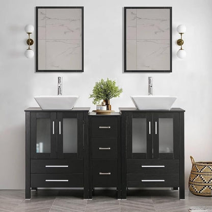 60" Double Vanity(2 * 24" Vanity,2* Porcelain Vessel Sink Combo(Square),1 * 12" Side Cabinets),Double Bathroom Vanity Top with Porcelain Sink,Faucet Drain Parts Include,Mirror Not Included