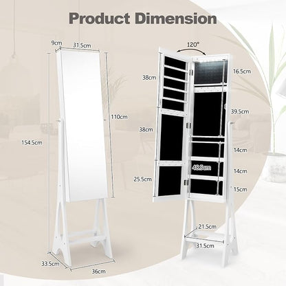 NAFORT Standing Mirror Jewelry Cabinet with 12 LED Lights, Large Storage Mirror Full Length, Jewelry Armoire with 3 Storage Shelves, 3 Angle Adjustments, White