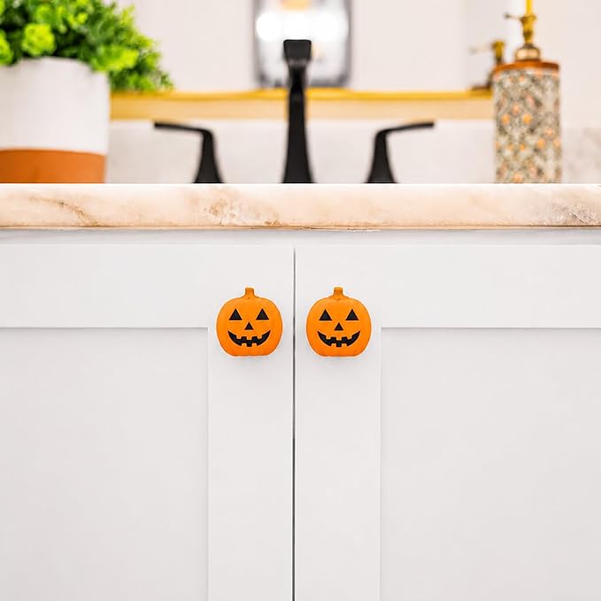 Knobēz 12pk Jack o Lantern Decorative Knob Covers for Halloween Decor | Stretchy autumn seasonal accents fit 1 to 1.5 in round or square cabinet hardware for kitchen, bathroom, and dressers