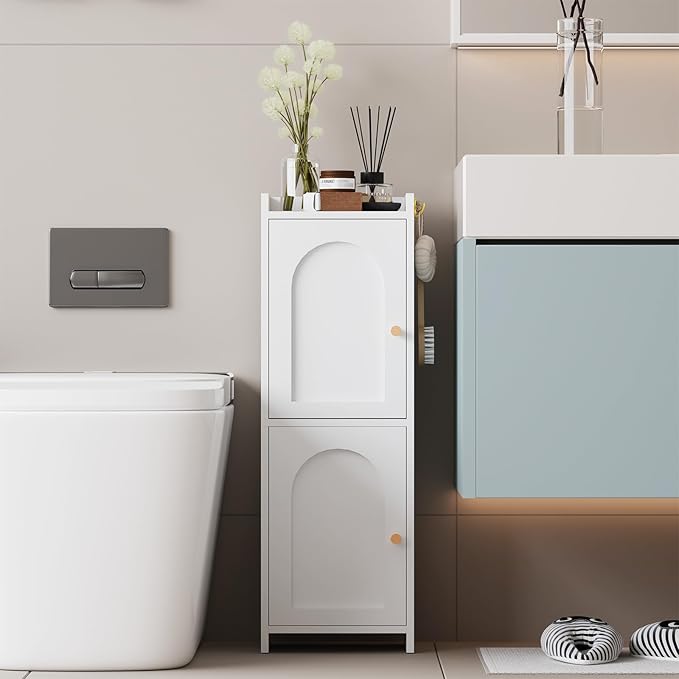 Small Bathroom Storage Cabinet,Corner Floor Cabinet with 2 Doors and Adjustable Shelf, Narrow Toilet Paper Cabinets with 2Hooks,Toilet Organizer for Small Spaces，7.87"D*9.84"W*29.72"H(White)