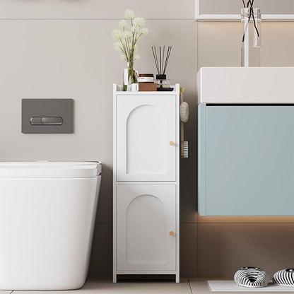 Small Bathroom Storage Cabinet,Corner Floor Cabinet with 2 Doors and Adjustable Shelf, Narrow Toilet Paper Cabinets with 2Hooks,Toilet Organizer for Small Spaces，7.87"D*9.84"W*29.72"H(White)