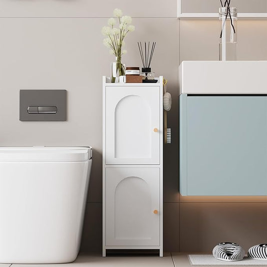 Small Bathroom Storage Cabinet,Corner Floor Cabinet with 2 Doors and Adjustable Shelf, Narrow Toilet Paper Cabinets with 2Hooks,Toilet Organizer for Small Spaces，7.87"D*9.84"W*29.72"H(White)