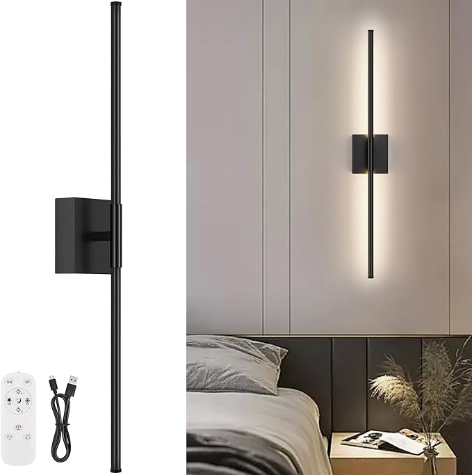 Battery Operated Wall Sconce, 3000K-6000K Dimmable Black Wall Lights with Remote Control, Timable LED Wireless Wall Sconces, 350° Ratate for Bathroom, Living Room, Hallway 29.1 Inch 1 Pack