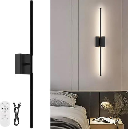 Battery Operated Wall Sconce, 3000K-6000K Dimmable Black Wall Lights with Remote Control, Timable LED Wireless Wall Sconces, 350° Ratate for Bathroom, Living Room, Hallway 29.1 Inch 1 Pack