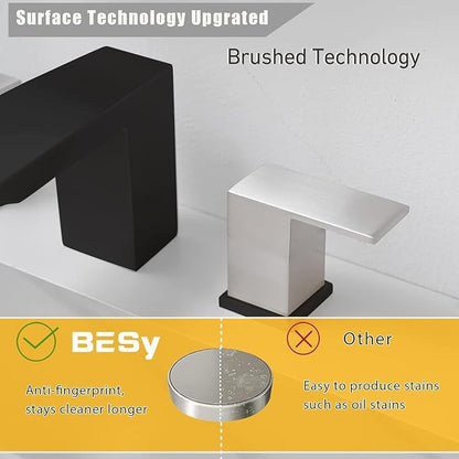 BESy Bathroom Faucet 3 Holes Two Handles Vanity Widespread 8 Inch Bathroom Sink Faucet, Waterfall Bathroom Sink Faucet with cUPC Supply Hoses, Pop Up Drain, Stainless Steel, Matte Black with Nickel