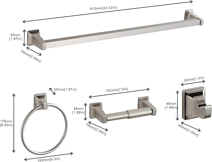 4 Pieces Bathroom Hardware Accessories Set, Stainless Steel 24 inch Towel Bar, Towel Rack, Robe Hook, Toilet Paper Holder for Bathroom Wall Mounted (Brushed Nickel)