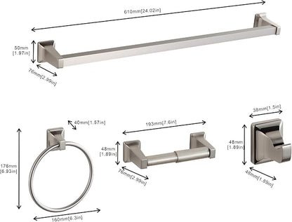 4 Pieces Bathroom Hardware Accessories Set, Stainless Steel 24 inch Towel Bar, Towel Rack, Robe Hook, Toilet Paper Holder for Bathroom Wall Mounted (Brushed Nickel)