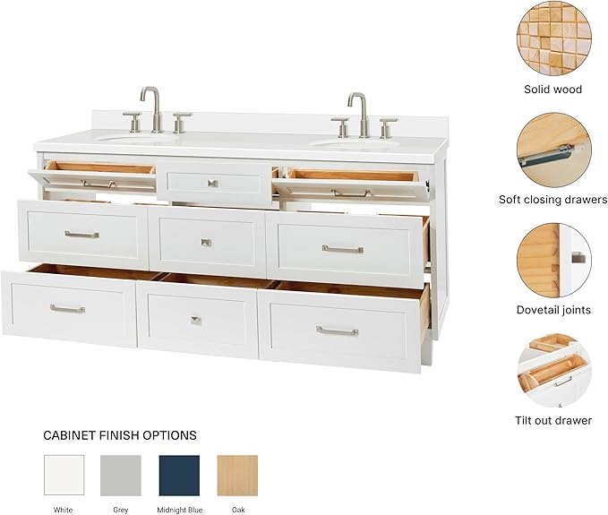 ARIEL Monroe 72-inch Bathroom Vanity with Sink,Solid Wood, 1.5-inch Pure White Quartz Countertop & Backsplash, Double Rectangular Porcelain Sink, 9 Dovetail Drawers, Brushed Nickel, White