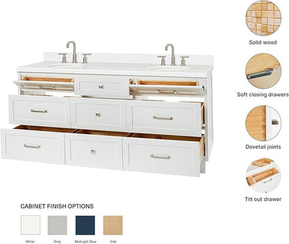 ARIEL Monroe 72-inch Bathroom Vanity with Sink,Solid Wood, 1.5-inch Pure White Quartz Countertop & Backsplash, Double Rectangular Porcelain Sink, 9 Dovetail Drawers, Brushed Nickel, White