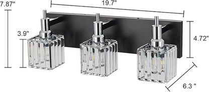 Chrome Bathroom Vanity Lights, Modern 3 Lights Crystal Bathroom Lighting Fixtures Over Mirror Black Chrome Wall Light with Square Shade