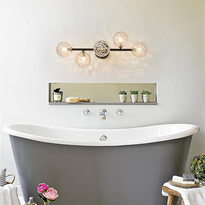 Bathroom Vanity Mirror Light Fixtures: Dimmable 5 Lights Bath Wall Sconce Lighting - Brass Black Vanity Lights with Hammered Clear Glass Shade - Modern Minimalist Makeup Light Above Mirror G9 Base