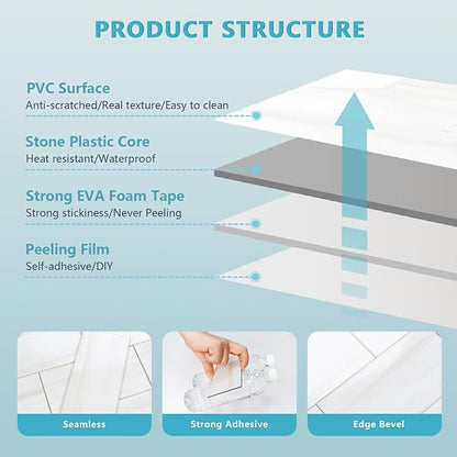 Vamos Tile 4-Piece Glossy Dolomite White Peel and Stick Backsplash Tile | 3''x6'' PVC Subway Tile with White Grout, Stick on Backsplash for Kitchen/Bathroom/Fireplace/Laundry/Camper