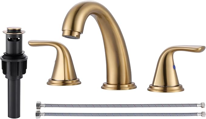 Bathroom Sink Faucet 3 Holes Gold, ALEASHA Widespread Bathroom Faucets, Faucet with Pop Up Drain, Faucets with 304 Stainless Steel Lead-Free Hose