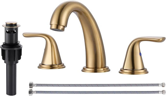 Bathroom Sink Faucet 3 Holes Gold, ALEASHA Widespread Bathroom Faucets, Faucet with Pop Up Drain, Faucets with 304 Stainless Steel Lead-Free Hose