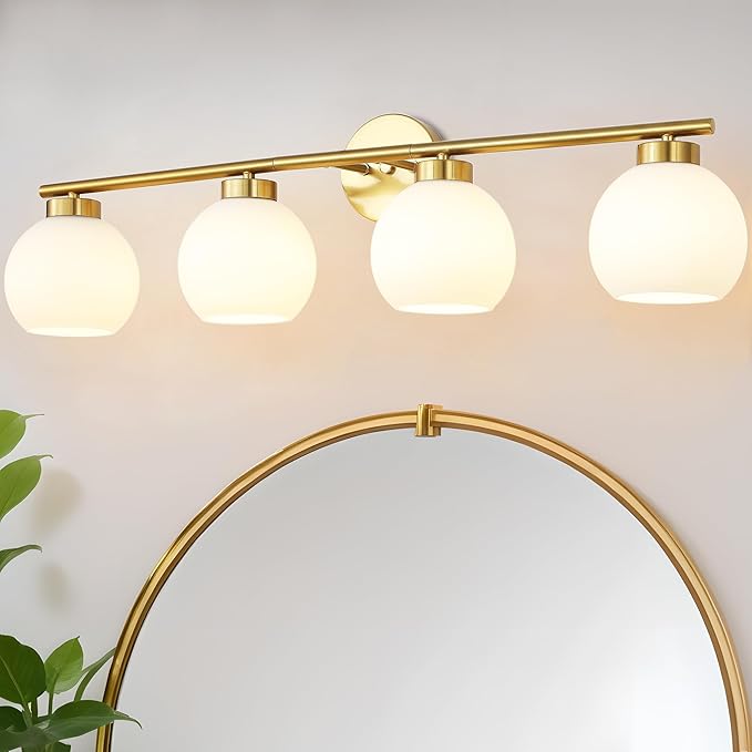 4 Light Bathroom Vanity Light, Gold Bathroom Light Fixtures Over Mirror, Mid Century Modern Wall Light with Frosted Globe Glass Shades, 32 inch Brass Vanity Lights, E26 Socket