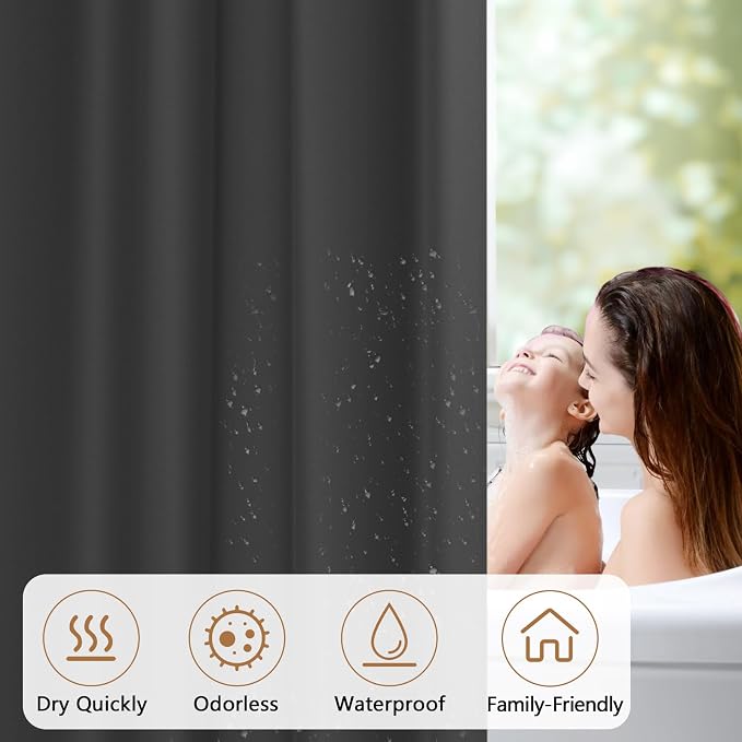 Seenus Charcoal Grey Waterproof Fabric Shower Curtain Liner with 3 Large Magnets, Washable Cloth Shower Liner Carbon Grey, 72 x 72 inch Lightweight Bathroom Shower Curtain Dark Gray