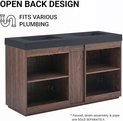60" Double Bathroom Vanity with Sink Combo, Mid Century Modern Bathroom Cabinet with Doors & Shelves, Matte Black Integrated Sink with Overflow, Walnut