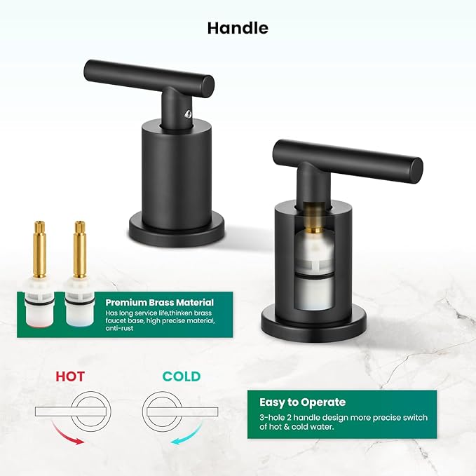 gotonovo 3 Hole 2 Handles Lavatory Basin Bathroom Sink Faucet with Pop Up Drain with Hot and Cold Mixer Valves 8 Inch Widespread Bathroom Faucet Matte Black