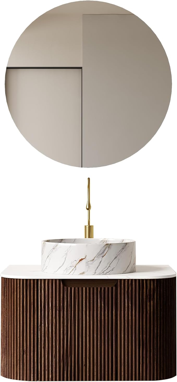 24'' Floating Vanity with Sink Combo, Modern Wall-Mounted Curved Edges Striped Bathroom Storage Cabinet with Soft-Close Drawer and White Stone Pattern Basin, Dark Walnut