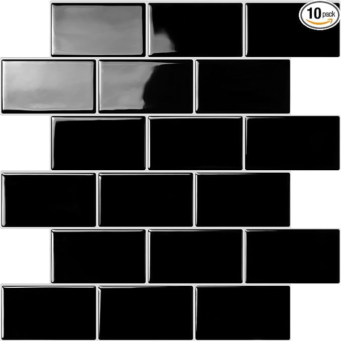 STICKGOO Subway Tile Peel and Stick Backsplash, Thicker Design 12" x 12" Stick on Backsplash Tiles for Kitchen, Bathroom, Wall Tile (5 Sheets, Black)