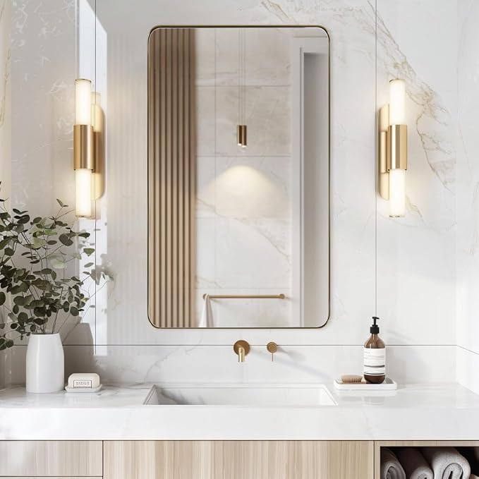 24x40 Inch Gold Bathroom Mirror, Stainless Steel Metal Frame with Rounded Corner, Rectangle Glass Panel Wall Mounted Mirror Decorative for Bathroom