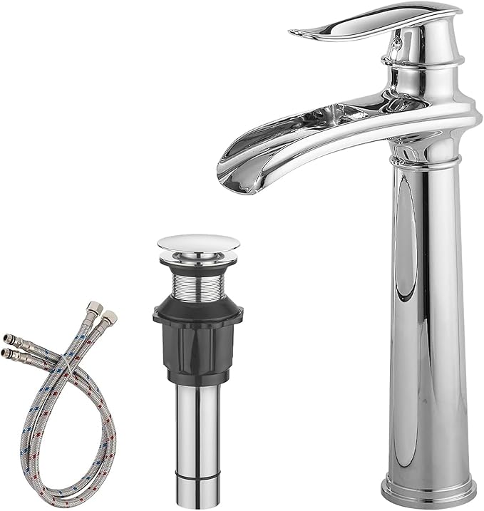 BWE Bathroom Vessel Sink Faucet Waterfall Spout Single Handle One Hole Solid Brass Deck Mount Lavatory Mixer Tap Lavatory Vanity Sink Faucet with Pop Up Drain and Supply Lines Chrome