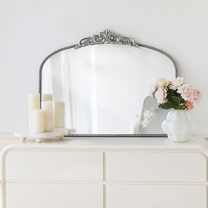 Micasso Vintage Silver Arched Mirror: 36"x29" Baroque Antique Wall Mirror | Traditional Ornate French Decorative Wall Mirror for Bedroom/Bathroom/Entryway/Hallway/Dresser/Vanity/Mantel/Nightstand