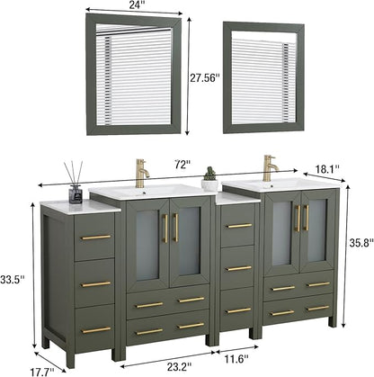 HOMEBEYOND 72 Inch Modern Bathroom Vanity with Sink & Mirror, Double Sink Vanity Cabinet with Basin and Mirror, Dove-Tailed Drawers, Soft-Closing Doors, Wood, Vintage Green