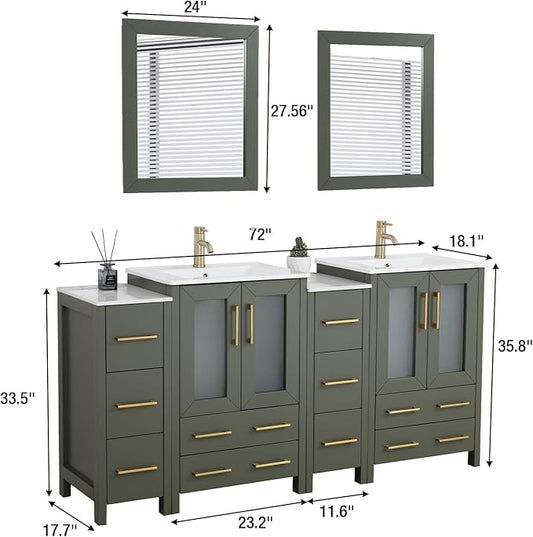 HOMEBEYOND 72 Inch Modern Bathroom Vanity with Sink & Mirror, Double Sink Vanity Cabinet with Basin and Mirror, Dove-Tailed Drawers, Soft-Closing Doors, Wood, Vintage Green