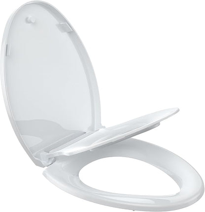 19" Elongated Toilet Seat with Built-In Toddler Seat, Quiet-Close Potty Training Seat for Family, Quick-Release & Grip-Tight Bumpers, Quick-Attach Hardware, White