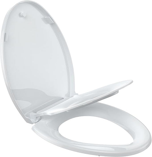 19" Elongated Toilet Seat with Built-In Toddler Seat, Quiet-Close Potty Training Seat for Family, Quick-Release & Grip-Tight Bumpers, Quick-Attach Hardware, White