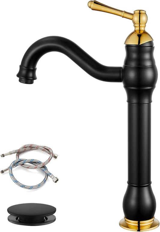 gotonovo Vessel Sink Faucet 360° Swivel Spout Single Handle Tall Bathroom Faucet 1 Hole Farmhouse Lavatory Washbasin Mixer Tap Matching Supply Hoses, with Pop Up Drain, Matte Black & Polish Gold