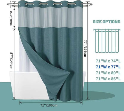No Hook Waffle Shower Curtain with Snap-in Liner, 71x77 Inch, Seaweed Green | 230 GSM waffle weave fabric, waterproof liner set with 2 bottom magnets, mesh top window, washable, for bathroom or hotel use