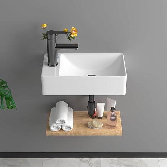Small Bathroom Sink - 15"x9" Wall Mount Rectangular Ceramic Vessel Sink White Porcelain Floating Vanity Sink for Tiny Bathrooms with Faucet & Drain Combo (Left Hand Bowl Options)
