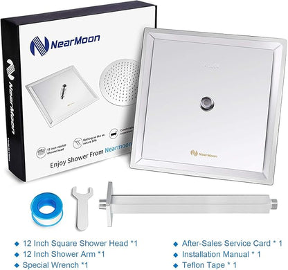 NearMoon Rain Shower Head With Shower Arm, Ceiling Mount Square Shower, Stainless Steel Ceiling Rainfall Showerhead- Waterfall Full Body Coverage (12 Inch, Chrome)