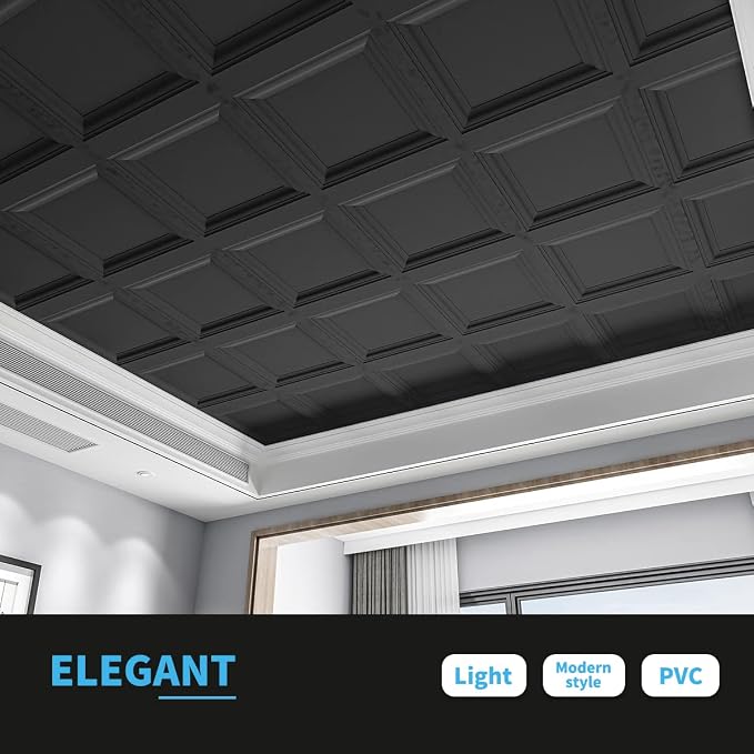 Art3d 12-Pack PVC Waterproof Drop Ceiling Tiles, 2 x 2 ft, Square, Black | Lightweight, Easy to Clean, Compatible with 15/16" Grid System, Suitable for Kitchen, Bathroom