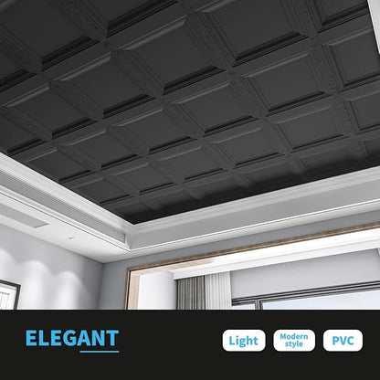 Art3d 12-Pack PVC Waterproof Drop Ceiling Tiles, 2 x 2 ft, Square, Black | Lightweight, Easy to Clean, Compatible with 15/16" Grid System, Suitable for Kitchen, Bathroom
