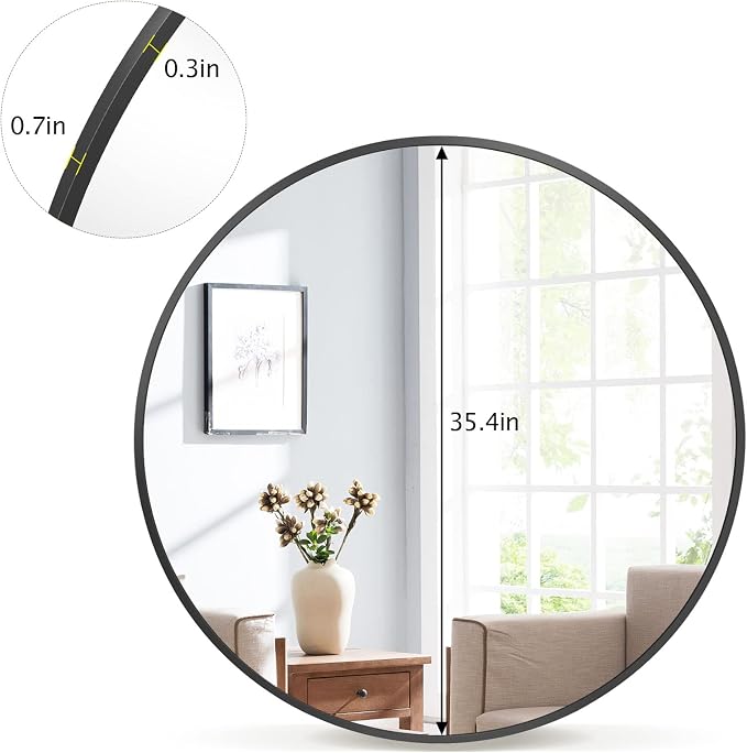 Round Mirror 36" Black Wall Mounted Circle Mirrors Vanity Mirror with Aluminum Alloy Frame Modern Decoration for Bathroom, Living Room, Vanity, Bedroom, Entryway