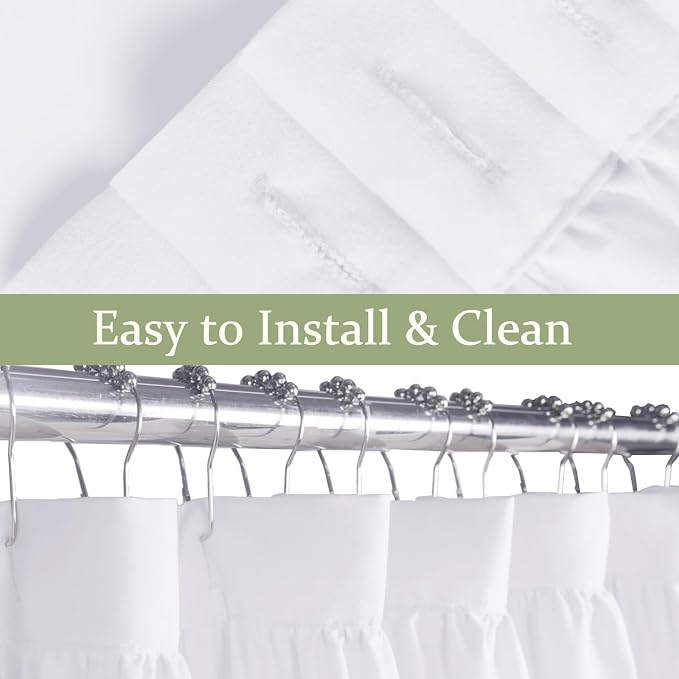 Farmhouse Ruffle Shower Curtain, White, 72 x 72 in | Decorative Elegant Bathroom Curtain with 12 Holes, Soft Ruched Microfiber Fabric, Vintage Handmade Design