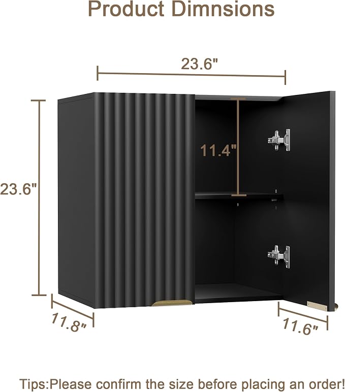 ChooChoo Bathroom Wall Cabinet, Laundry Room Cabinet with 2 Fluted Doors | Kitchen Storage Cupboard Cabinet with Adjustable Shelf, Fluted Wall-Mounted Medicine Cabinet for Kitchen, Garage, Black